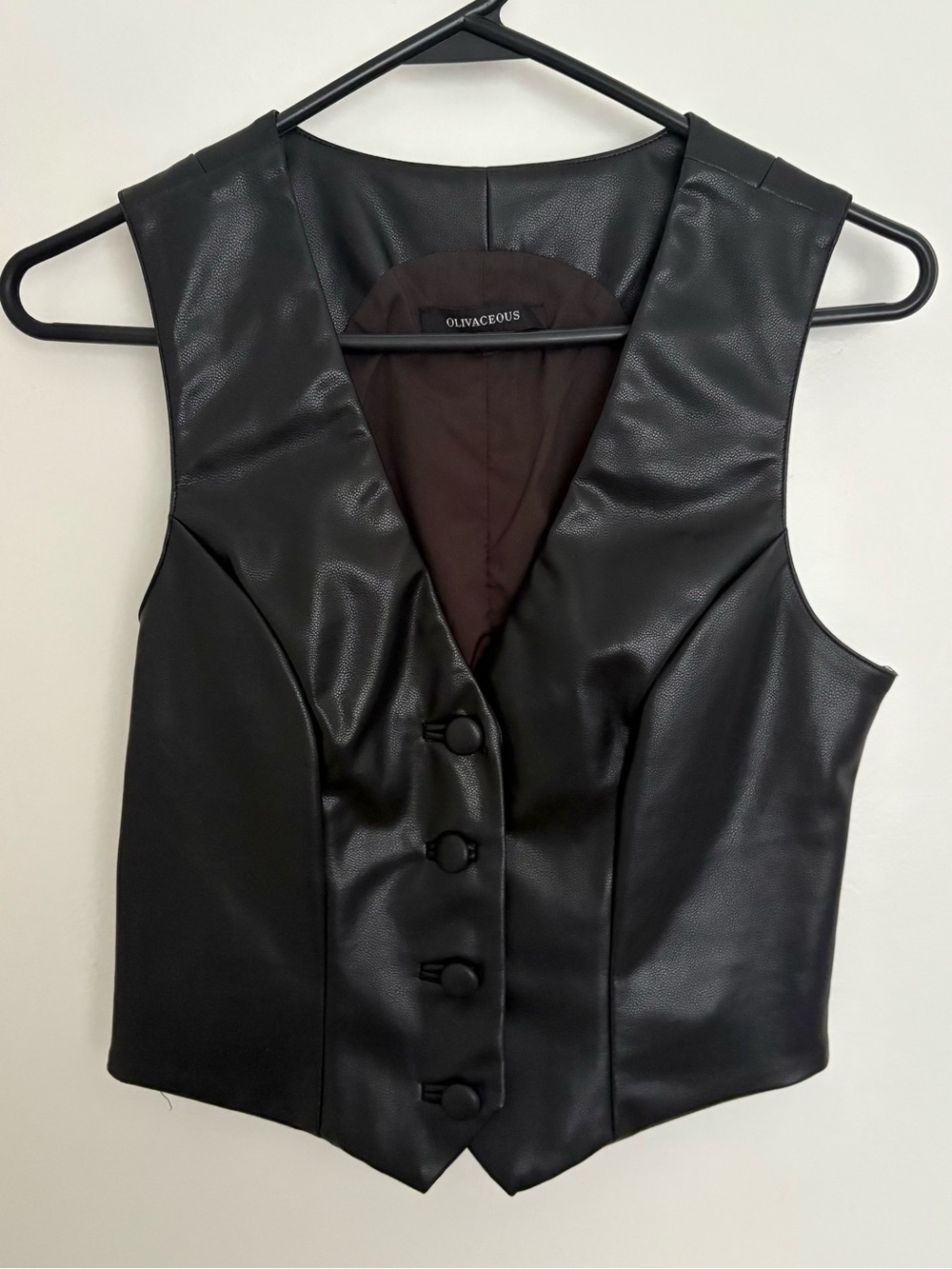 Olivaceous Women's Black Vest Faux Leather v-neck 4 button